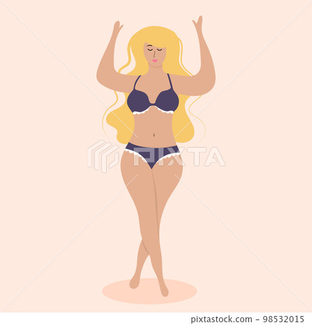 Plus size blond woman in swimsuit with arms up. Body positive, accepting and loving full figure concept. Plus size blond woman in swimsuit with arms up. Body positive, accepting and loving full figure concept. 98532015