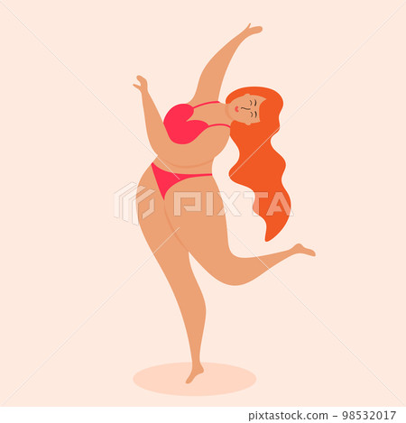 Plus size woman in swimsuit dancing. Body positive, acceptance, fitness, sport concept. Plus size woman in swimsuit dancing. Body positive, acceptance, fitness, sport concept. 98532017