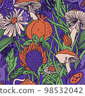 Psychedelic nature pattern with fruits, fantastic flowers and fly agaric. 70s style 98532042