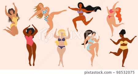 Multiracial happy plus size women in swimsuit are jumping and dancing. Body positive, acceptance, feminism, fitness, sport concept. 98532075