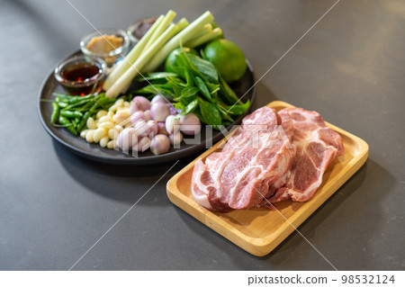 Raw Pork and herb ingredients, preparation for Cooking in Thai food menu. Raw Pork and herb ingredients, preparation for Cooking in Thai food menu. 98532124