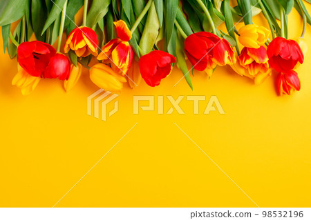 Yellow red tulips on yellow background. Seasonal Spring Holiday poster with free text space, greeting card, banner, flyer. Minimal concept of Happy Easter, Mother day, 8 march, Woman day, birthday Yellow red tulips on yellow background. Seasonal Spring Holiday poster with free text space, greeting card, banner, flyer. Minimal concept of Happy Easter, Mother day, 8 march, Woman day, birthday 98532196