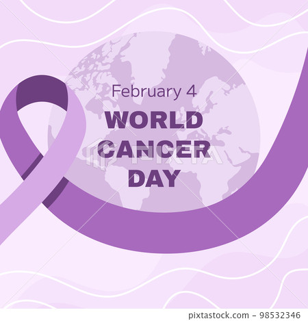 World Cancer Awareness Day February 4th. Lilac or purple ribbon with planet symbol of cancer. Stop cancer campaign Health care square template for social media or website. 98532346