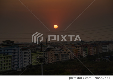The Sunset environment at Navanakorn Area building from bird eye view, drone view with the electric cable and PM2.5 dusk all around. The Sunset environment at Navanakorn Area building from bird eye view, drone view with the electric cable and PM2.5 dusk all around. 98532355