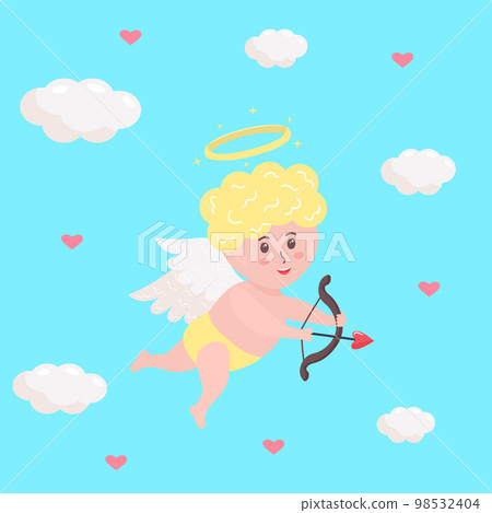 Cute cupid baby with heart arrow, bow and halo. Cherub character with angel wings is flying among clouds and hearts. Valentine's Day postcard. 98532404