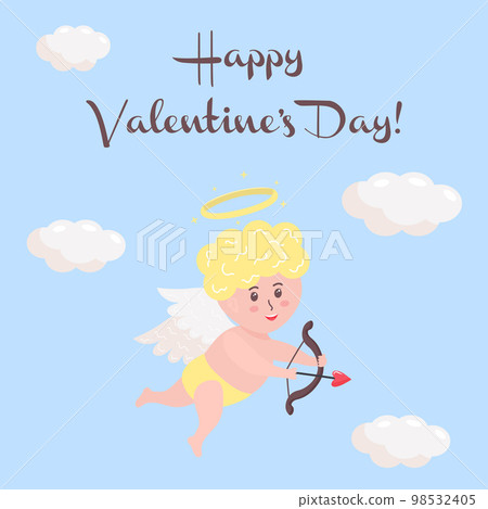 Cute cupid baby with heart arrow, bow and halo. Cherub character with angel wings is flying among clouds. Valentine's Day postcard. Cute cupid baby with heart arrow, bow and halo. Cherub character with angel wings is flying among clouds. Valentine's Day postcard. 98532405
