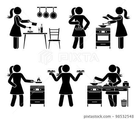 Stick figure woman cooking at home kitchen vector illustration set. Stickman person getting ready to eat icon pictogram Stick figure woman cooking at home kitchen vector illustration set. Stickman person getting ready to eat icon pictogram 98532548