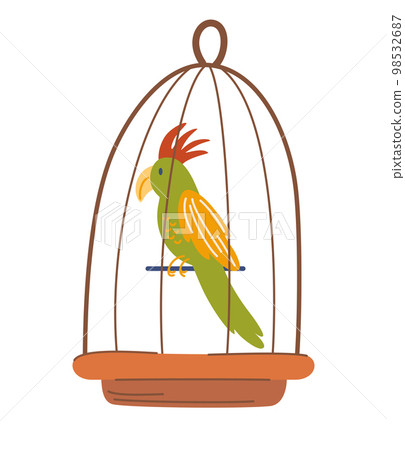 Parrot in a cage. Tropical bird macaw. Exotic wild creature with yellow feather. Poultry. Hand drawn vector illustrations. Parrot in a cage. Tropical bird macaw. Exotic wild creature with yellow feather. Poultry. Hand drawn vector illustrations. 98532687