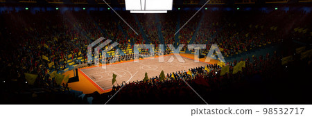 Aerial view. 3D model of empty basketball arena, court, playground in spotlights for game competition, championship. Stadium full of sport fans Aerial view. 3D model of empty basketball arena, court, playground in spotlights for game competition, championship. Stadium full of sport fans 98532717