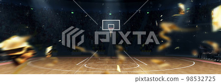 3D model of empty basketball arena, court, playground for game competition, championship with confetti. Stadium full of sport fans. Winning game 3D model of empty basketball arena, court, playground for game competition, championship with confetti. Stadium full of sport fans. Winning game 98532725
