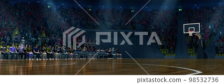 Dark 3D model of empty basketball arena, court, playground for basketball game competition, championship. Stadium full of sport fans Dark 3D model of empty basketball arena, court, playground for basketball game competition, championship. Stadium full of sport fans 98532736