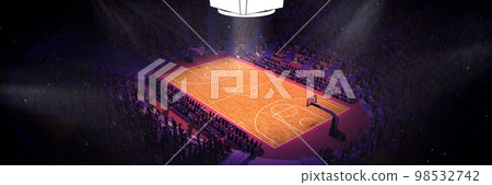 Aerial view. 3D model of empty basketball arena, court, playground for sport competition, championship. Stadium full of sport fans attending game 98532742