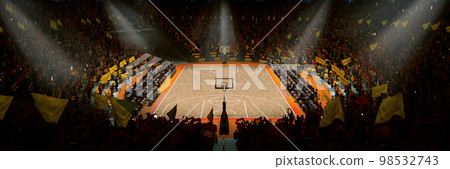 Aerial view. 3D model of empty basketball arena, court, playground for game competition, championship. Stadium full of sport fans with flags cheering up 98532743