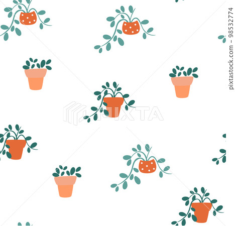 Potted house plants seamless pattern. Trendy home decor with plants. Flowers in pot, house interior. Perfect for fabric, packaging, wallpaper, textiles, clothing. Vector illustration Potted house plants seamless pattern. Trendy home decor with plants. Flowers in pot, house interior. Perfect for fabric, packaging, wallpaper, textiles, clothing. Vector illustration 98532774