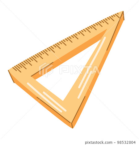 Ruler. Triangular yellow ruler. Office items for drawing, study and creativity. Vector illustration cartoon flat icon isolated on white. 98532804