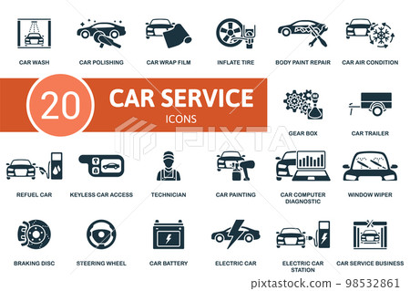 Car Service icon set. Monochrome simple Car Service icon collection. Car Wash, Polishing, Wrap Film, Inflate Tire, Body Paint Repair, Steering Wheel, Car Battery, Electric Car, Electric Station 98532861