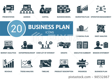 Business Plan icon set. Monochrome simple Business Plan icon collection. Presentation, Audiece, Capital, Business Model, Marketing Plan, Trend Analysis, Timeline, Product Description, Progress Business Plan icon set. Monochrome simple Business Plan icon collection. Presentation, Audiece, Capital, Business Model, Marketing Plan, Trend Analysis, Timeline, Product Description, Progress 98532867