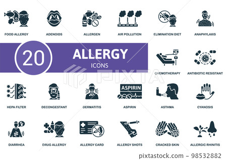 Allergy icon set. Monochrome simple Allergy icon collection. Food Allergy, Adenoids, Allergen, Air Pollution, Elimination Diet, Drug Allergy, Allergy Card, Allergy Shots, Cracked Skin, Allergic Allergy icon set. Monochrome simple Allergy icon collection. Food Allergy, Adenoids, Allergen, Air Pollution, Elimination Diet, Drug Allergy, Allergy Card, Allergy Shots, Cracked Skin, Allergic 98532882