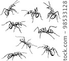 ant, the image of ants in various poses, in motion and foreshortening, black and white drawing, silhouette, vector, drawing 98533128