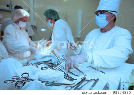 Surgeons during the operation. Professional doctors performing surgeries. Surgeons during the operation. Professional doctors performing surgeries. 98534880