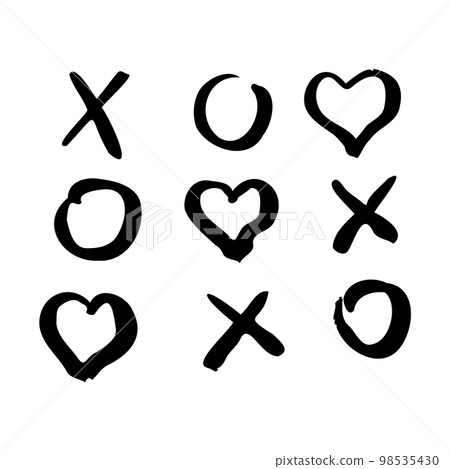 Tic tac toe doodle game with cross and circle sign, cute heart mark isolated on white background.  98535430