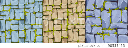 Set Stone wall, pavement from bricks, rocks with moss , game background in cartoon style, seamless textured surface. Ui game asset, road or floor material 98535433