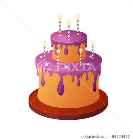 Birthday cake on wooden plate with pink cream, drip, candles, anniversary desert in cartoon style isolated on white background 98535435