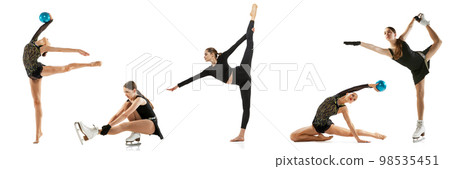 Set of images of young girls, figure skater and gymnastics in black stage costume isolated over white background. Concept of skills, sport, beauty, stretching sports. 98535451