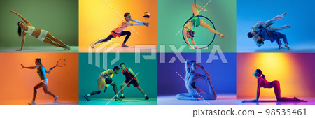 Collage. Portraits of professional sportsmen training, posing isolated over multicolored background in neon. Concept of sport, healthy and active lifestyle, motivation, activity. 98535461