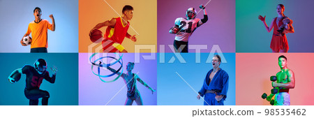 Collage. Portraits of professional sportsmen training, posing isolated over multicolored background in neon. Concept of sport, healthy and active lifestyle, motivation, activity. Collage. Portraits of professional sportsmen training, posing isolated over multicolored background in neon. Concept of sport, healthy and active lifestyle, motivation, activity. 98535462