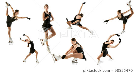 Set of icons, images of young teen girl, junior female figure skater in black stage costume skating isolated over white background. Concept of skills, sport, beauty, winter sports. Set of icons, images of young teen girl, junior female figure skater in black stage costume skating isolated over white background. Concept of skills, sport, beauty, winter sports. 98535470