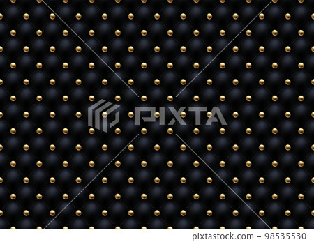 Black buttoned luxury leather pattern with golden bead diagonal sewing stitch. Vector seamless premium background diamond shape elements, gold pearl balls. Luxury pattern page fill, wrapping paper Black buttoned luxury leather pattern with golden bead diagonal sewing stitch. Vector seamless premium background diamond shape elements, gold pearl balls. Luxury pattern page fill, wrapping paper 98535530