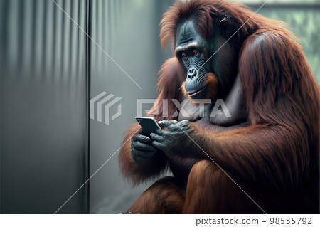 orang utan Monkey using a smartphone illustration generative ai 98535792