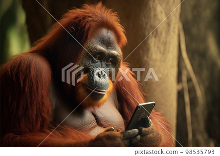 orang utan Monkey using a smartphone illustration generative ai orang utan Monkey using a smartphone illustration generative ai 98535793