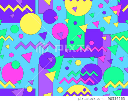 Geometric seamless pattern with memphis elements in 80s style. 3d geometric shapes with stroke. Colorful background. Design of promotional products, wrapping paper and printing. Vector illustration 98536263