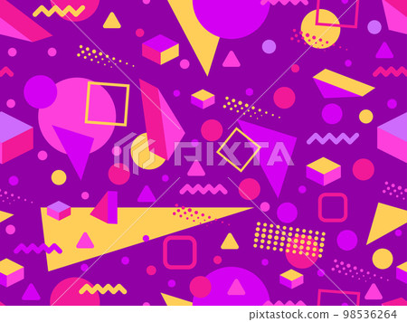 Geometric seamless pattern in 80s memphis style with 3D shapes. Three-dimensional triangles. Design of promotional products, wrapping paper and printing. Vector illustration 98536264