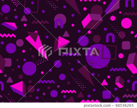 Geometric seamless pattern in 80s memphis style with 3D shapes. Three-dimensional triangles. Design of promotional products, wrapping paper and printing. Vector illustration 98536265