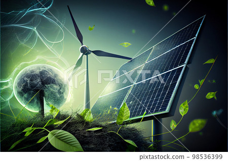 Solar panels wind turbines installed as renewable energy sources for electricity and power supply. Innovation and technology, environmental friendly energy. Solar farm under sunny day 98536399