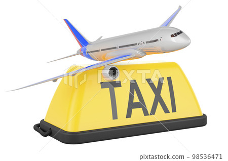 Taxi car signboard with plane, 3D rendering Taxi car signboard with plane, 3D rendering 98536471