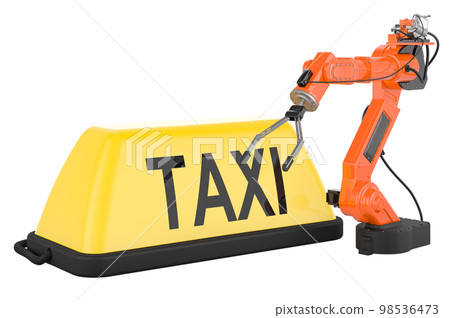 Taxi car signboard with robotic arm, 3D rendering Taxi car signboard with robotic arm, 3D rendering 98536473