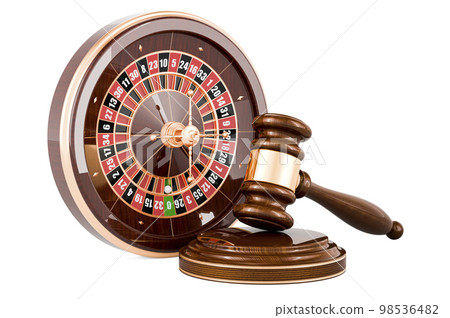 Wooden gavel with casino roulette. 3D rendering Wooden gavel with casino roulette. 3D rendering 98536482