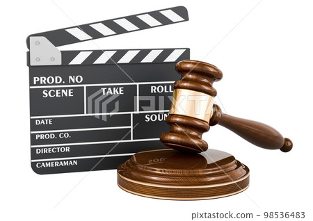 Wooden gavel with clapperboard, 3D rendering 98536483