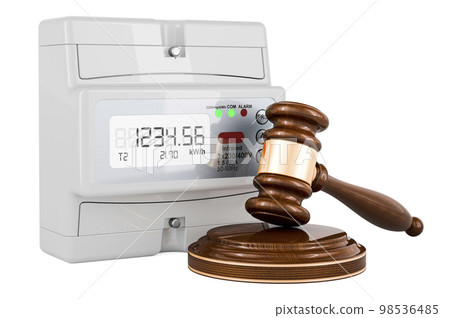 Wooden gavel with electric meter. 3D rendering 98536485