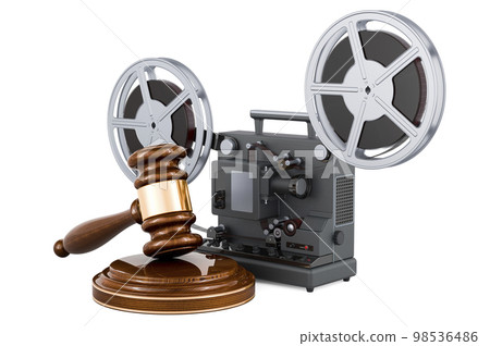 Wooden gavel with film projector. 3D rendering Wooden gavel with film projector. 3D rendering 98536486