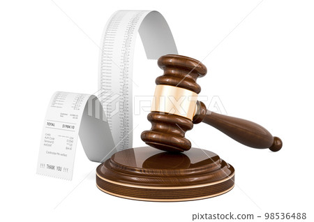 Wooden gavel with printed receipt, bill. Consumer protection concept. 3D rendering Wooden gavel with printed receipt, bill. Consumer protection concept. 3D rendering 98536488
