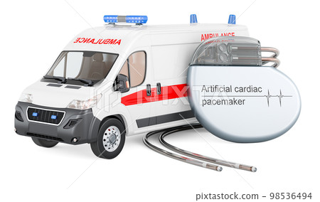 Ambulance van with artificial cardiac pacemaker, 3D rendering 98536494
