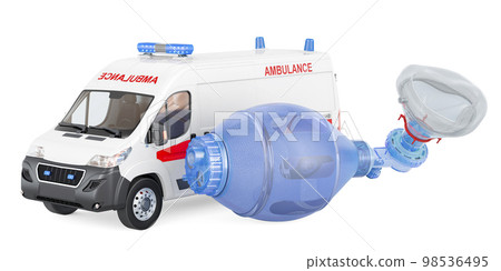 Ambulance van with bag valve mask, 3D rendering Ambulance van with bag valve mask, 3D rendering 98536495