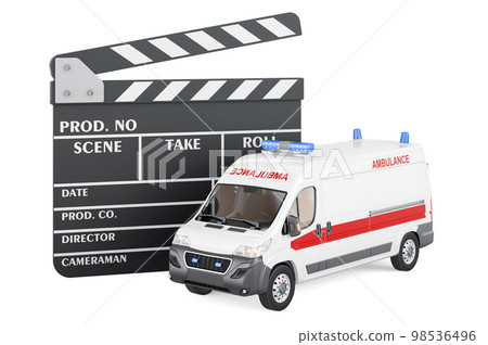 Ambulance van with clapperboard, 3D rendering 98536496