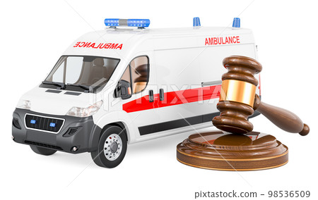 Ambulance van with wooden gavel, 3D rendering 98536509