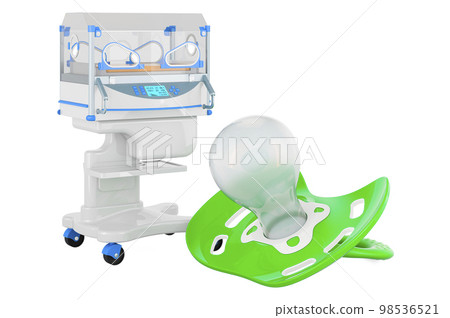Baby pacifier with neonatal incubator. 3D rendering 98536521